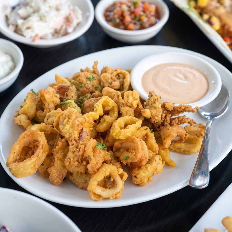 Crispy fried calamari rings and tentacles with a side of creamy dipping sauce and other dishes.