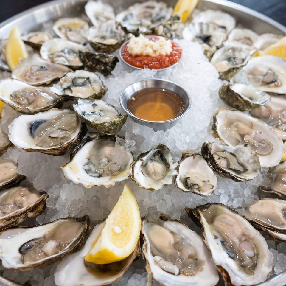 A large platter of fresh oysters on ice with lemon wedges and two dipping sauces.
