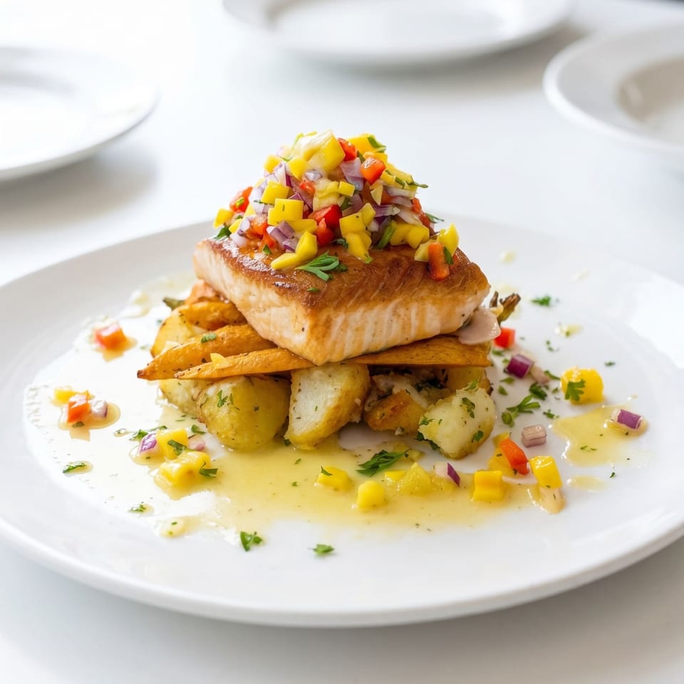 Pan-seared salmon with mango salsa, roasted potatoes, and carrots on a white plate.