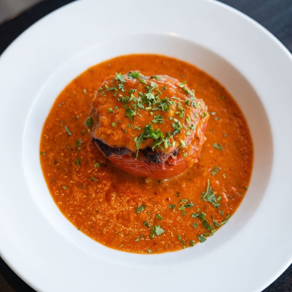 A stuffed tomato in a rich red sauce, garnished with fresh herbs, served in a white bowl.
