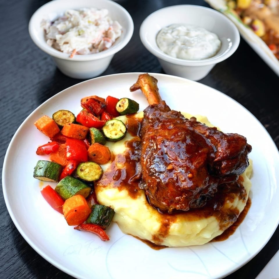 Braised lamb shank on mashed potatoes with roasted vegetables, coleslaw, and dipping sauce.