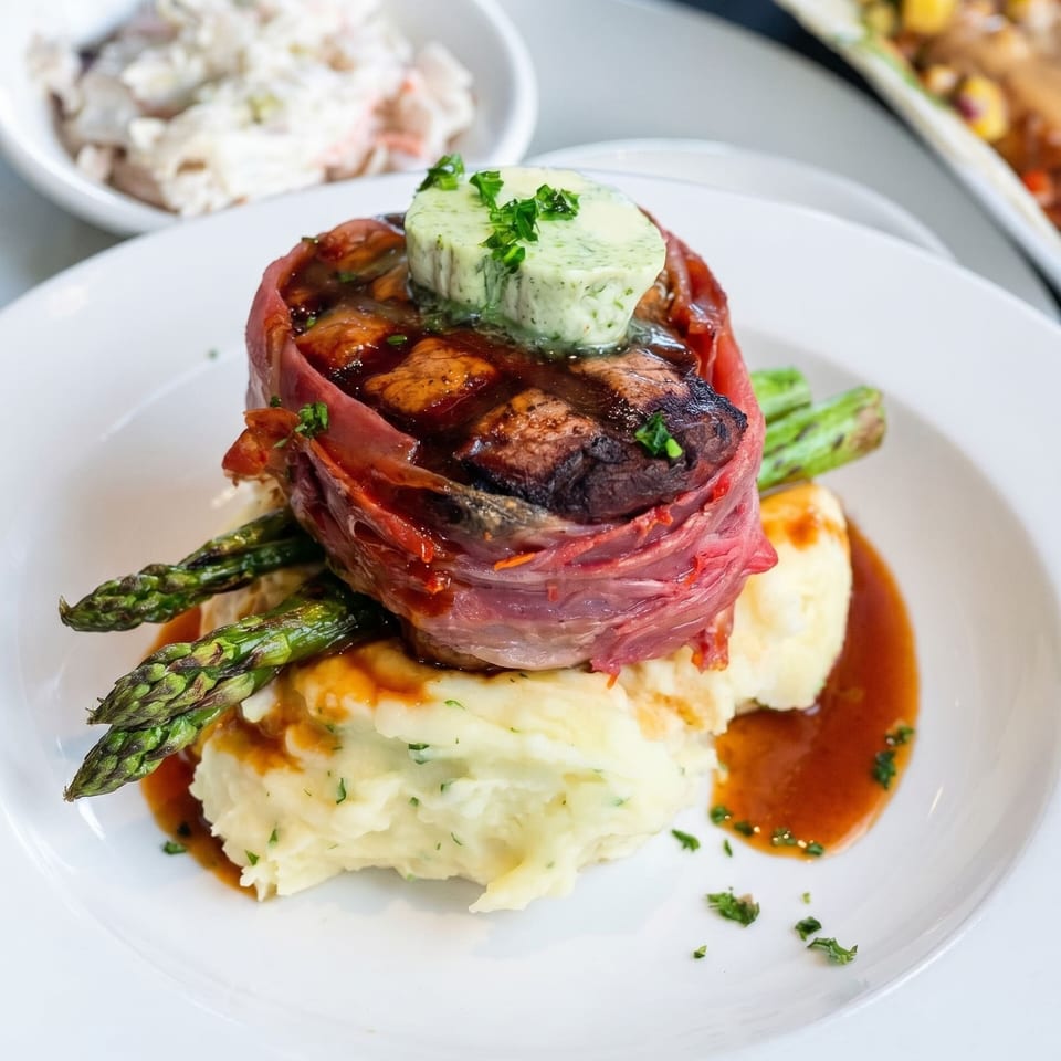 Prosciutto-wrapped steak with herb butter, mashed potatoes, asparagus, and gravy on a white plate.