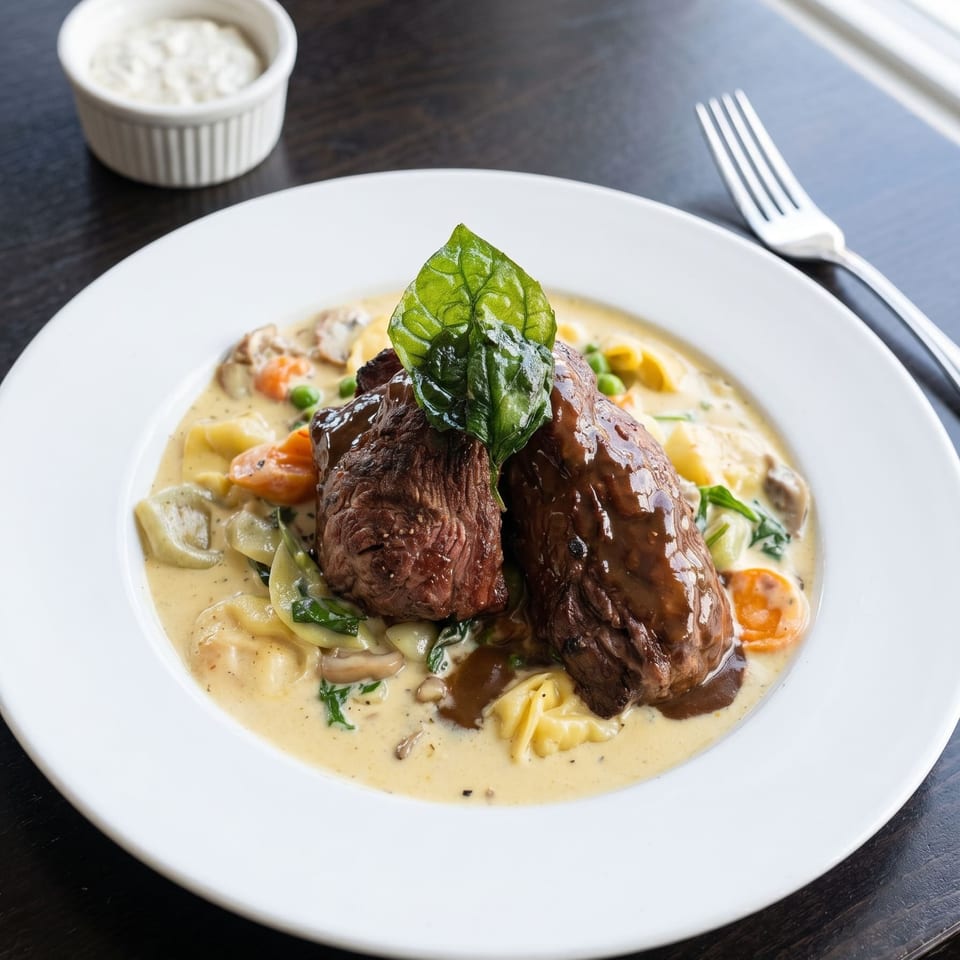 Two pieces of beef tenderloin with basil, tortellini, vegetables, and cream sauce on a white plate.